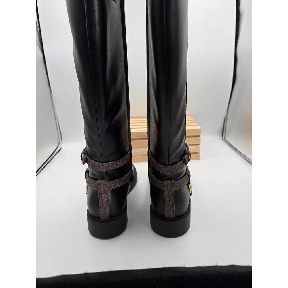 Michael Kors Mandy Knee High Boot Womens 7.5 Black Faux Leather Logo Harness New